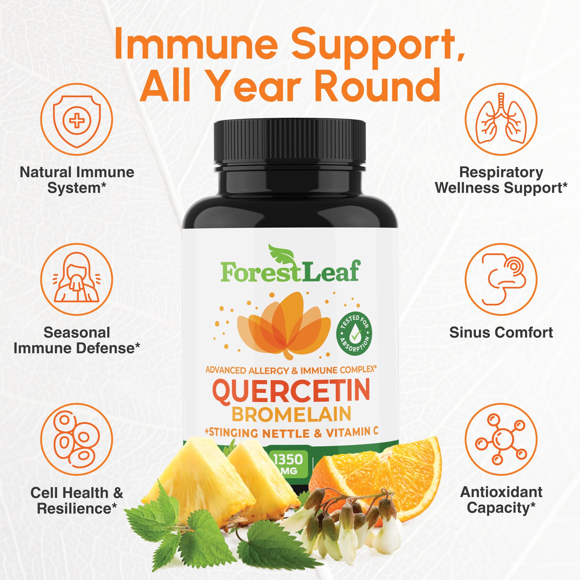 ForestLeaf Quercetin bottle label closeup highlights ingredients and formulation.
