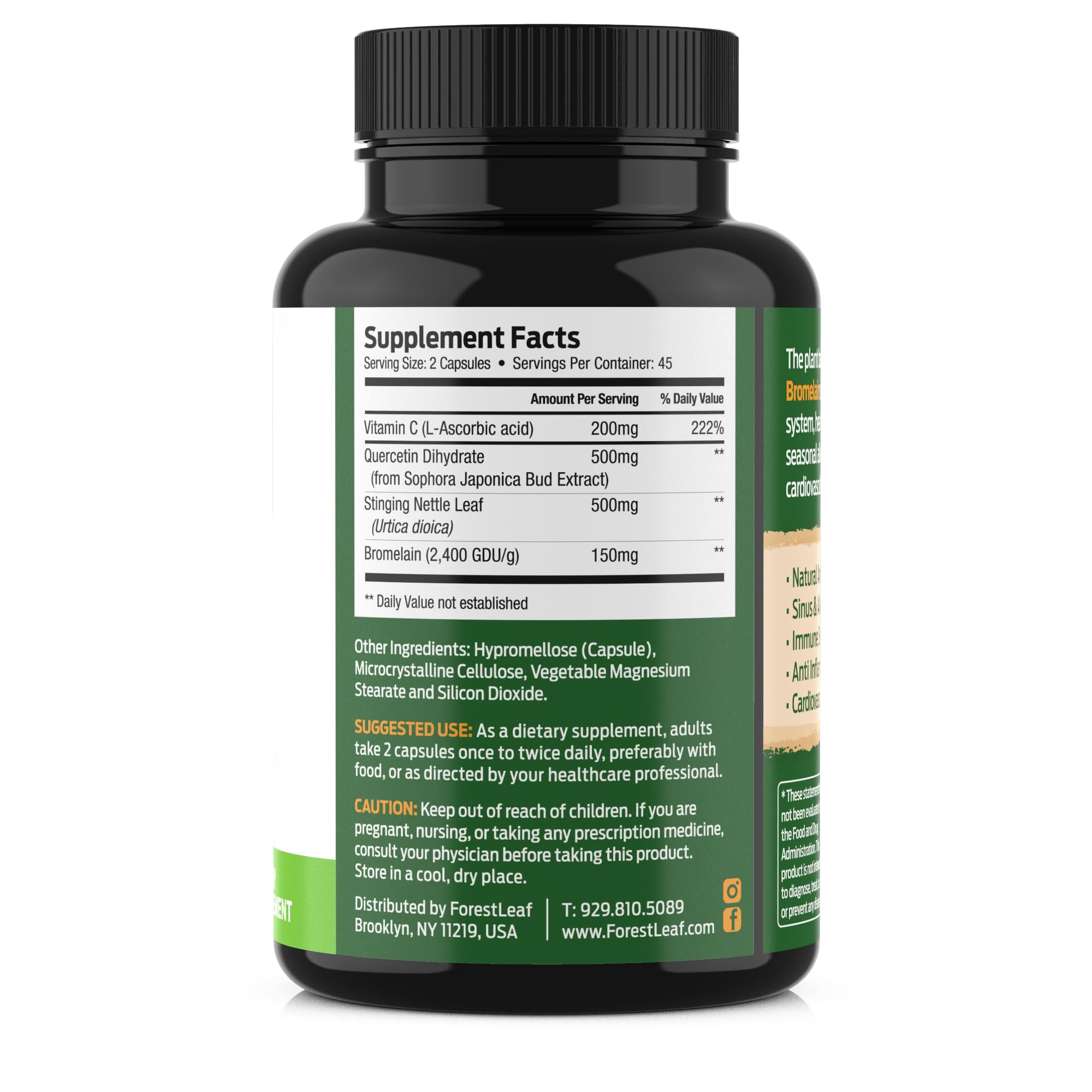 ForestLeaf Quercetin bottle pour demonstrates clean dosing practice.