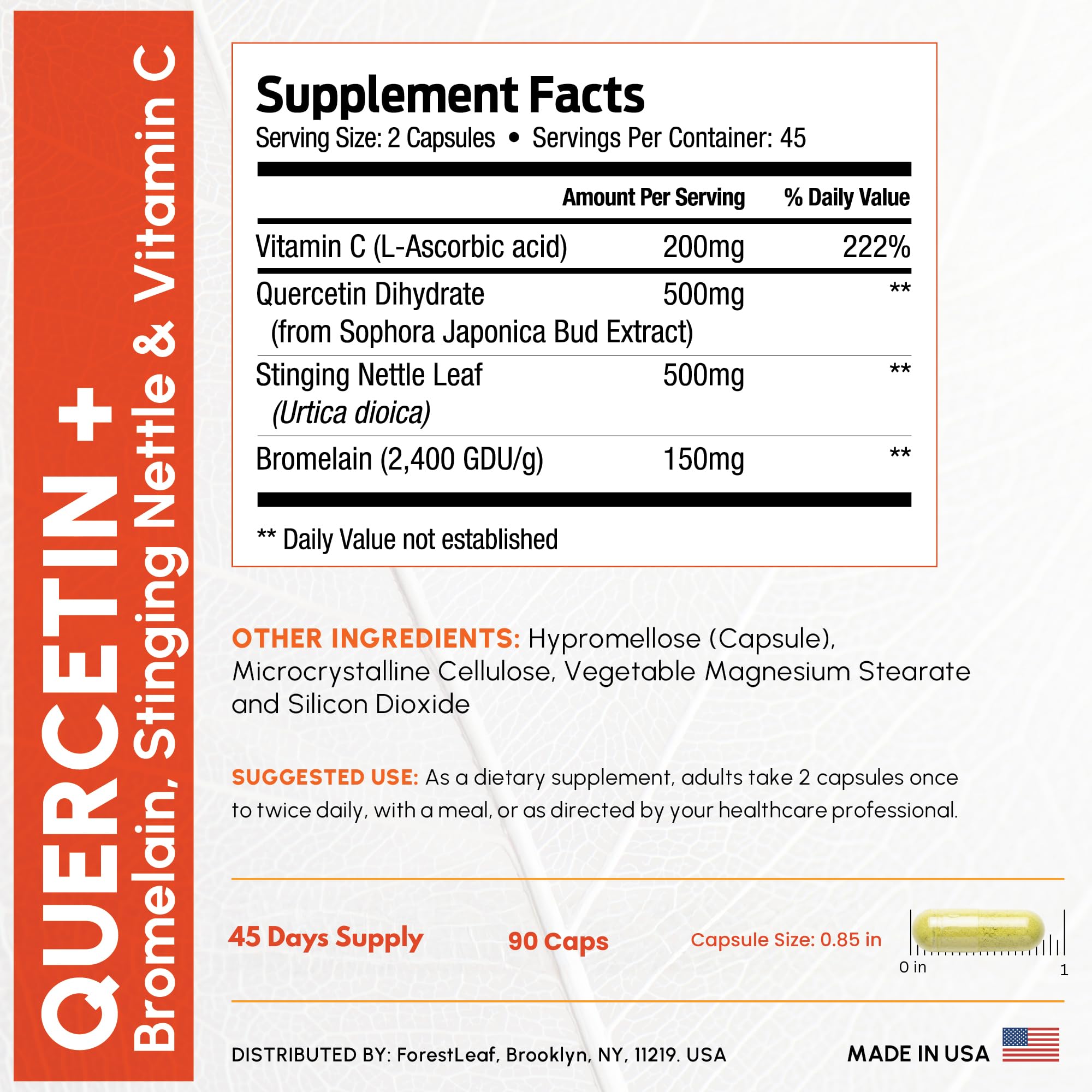 ForestLeaf Quercetin bottle with glass illustrating simple home use.
