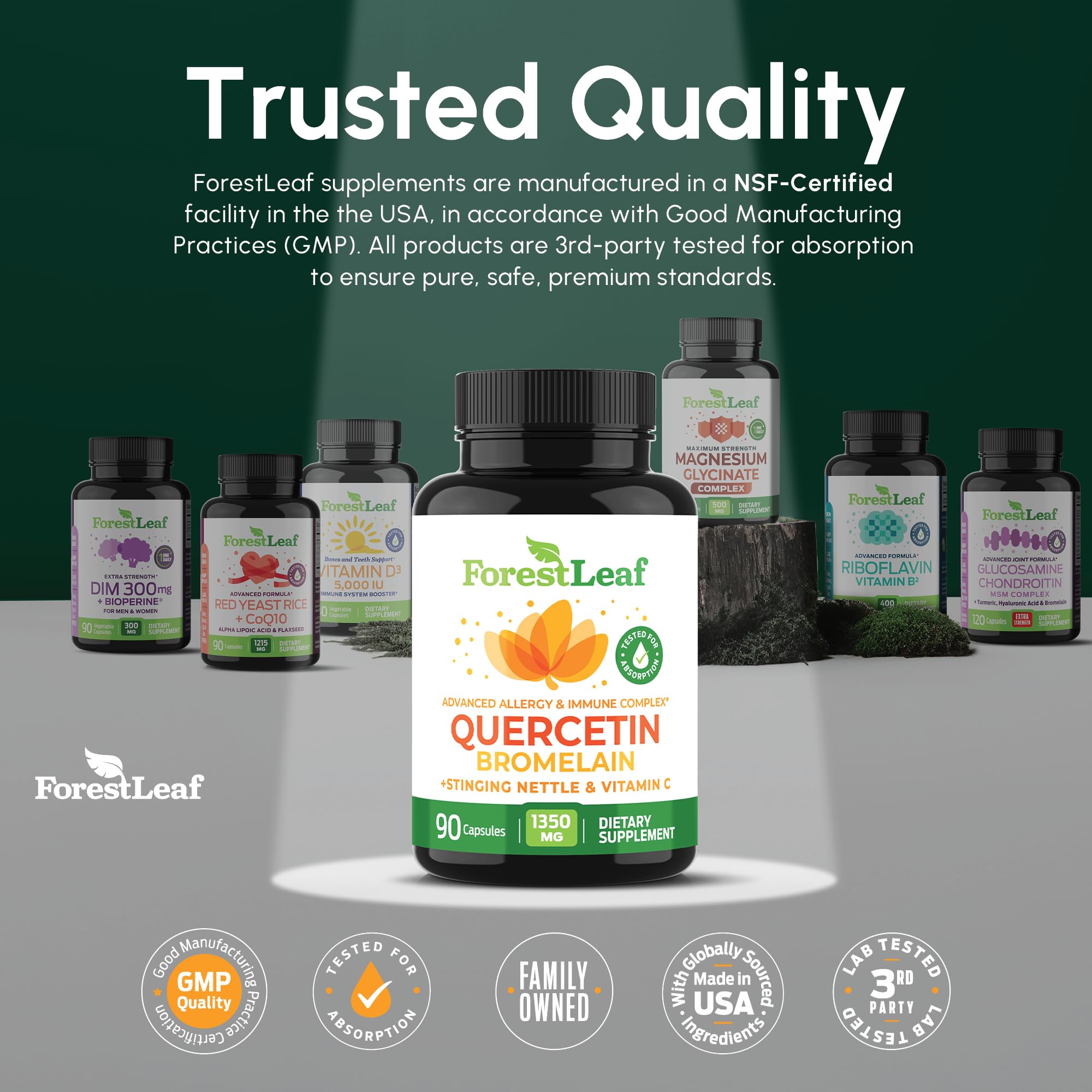 ForestLeaf Quercetin packaging highlights non-GMO and gluten-free notes.