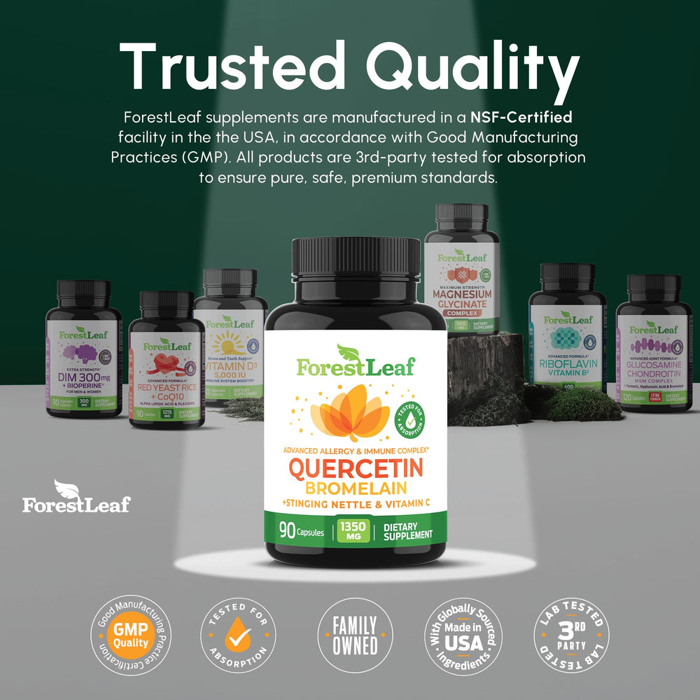 ForestLeaf Quercetin packaging highlights non-GMO and gluten-free notes.