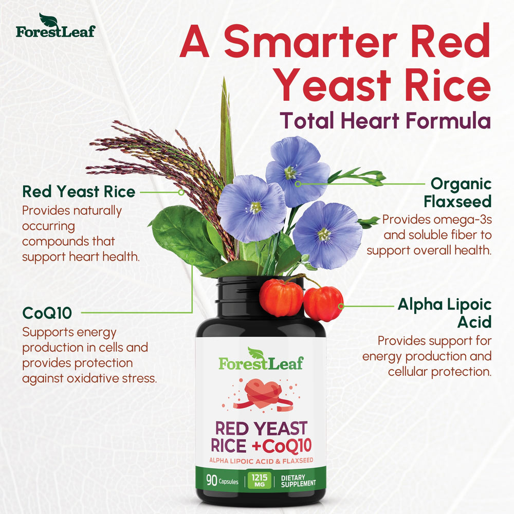ForestLeaf Red Yeast Rice 1215mg capsules closeup with CoQ10 for energy support