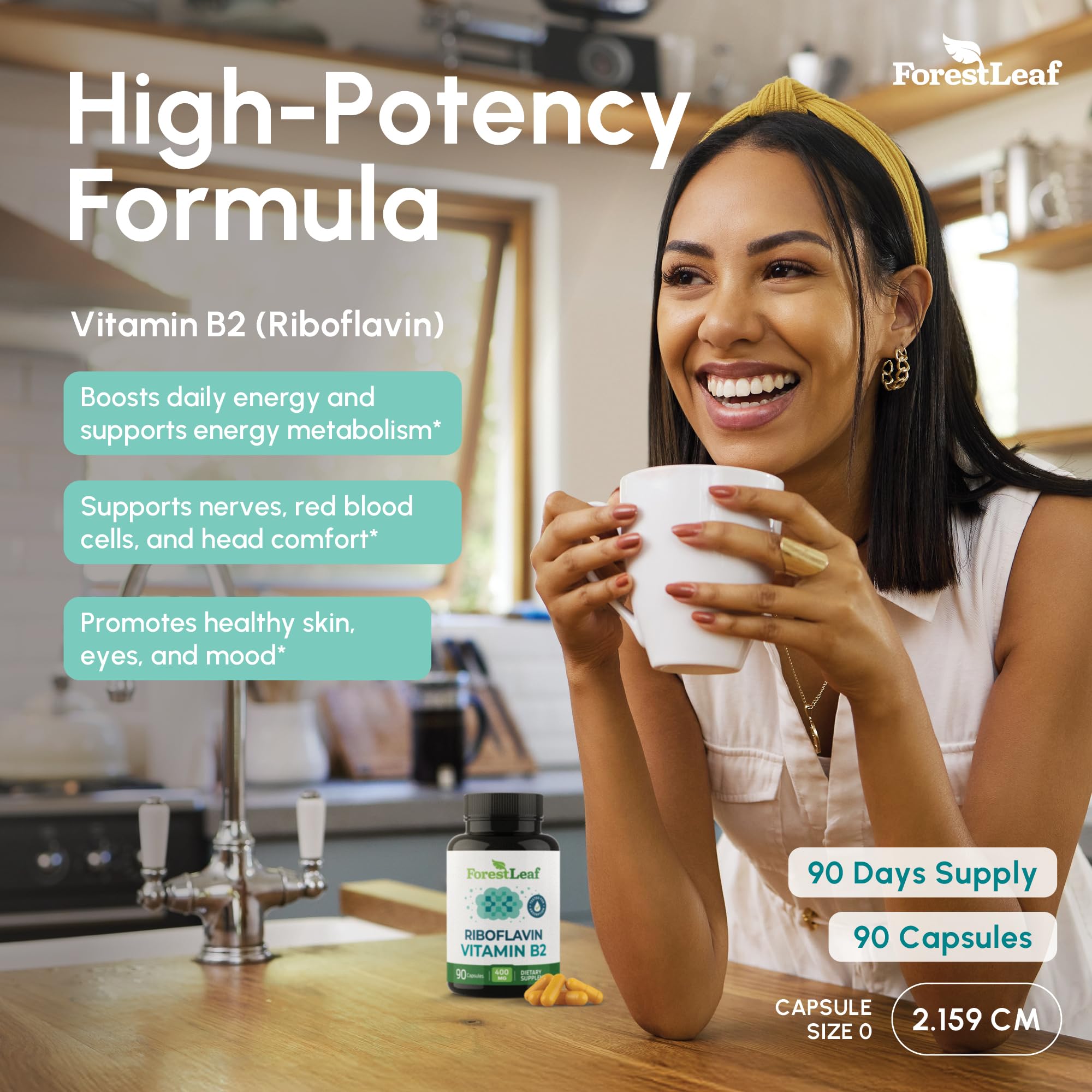 Pour shot of ForestLeaf riboflavin 400mg capsules.