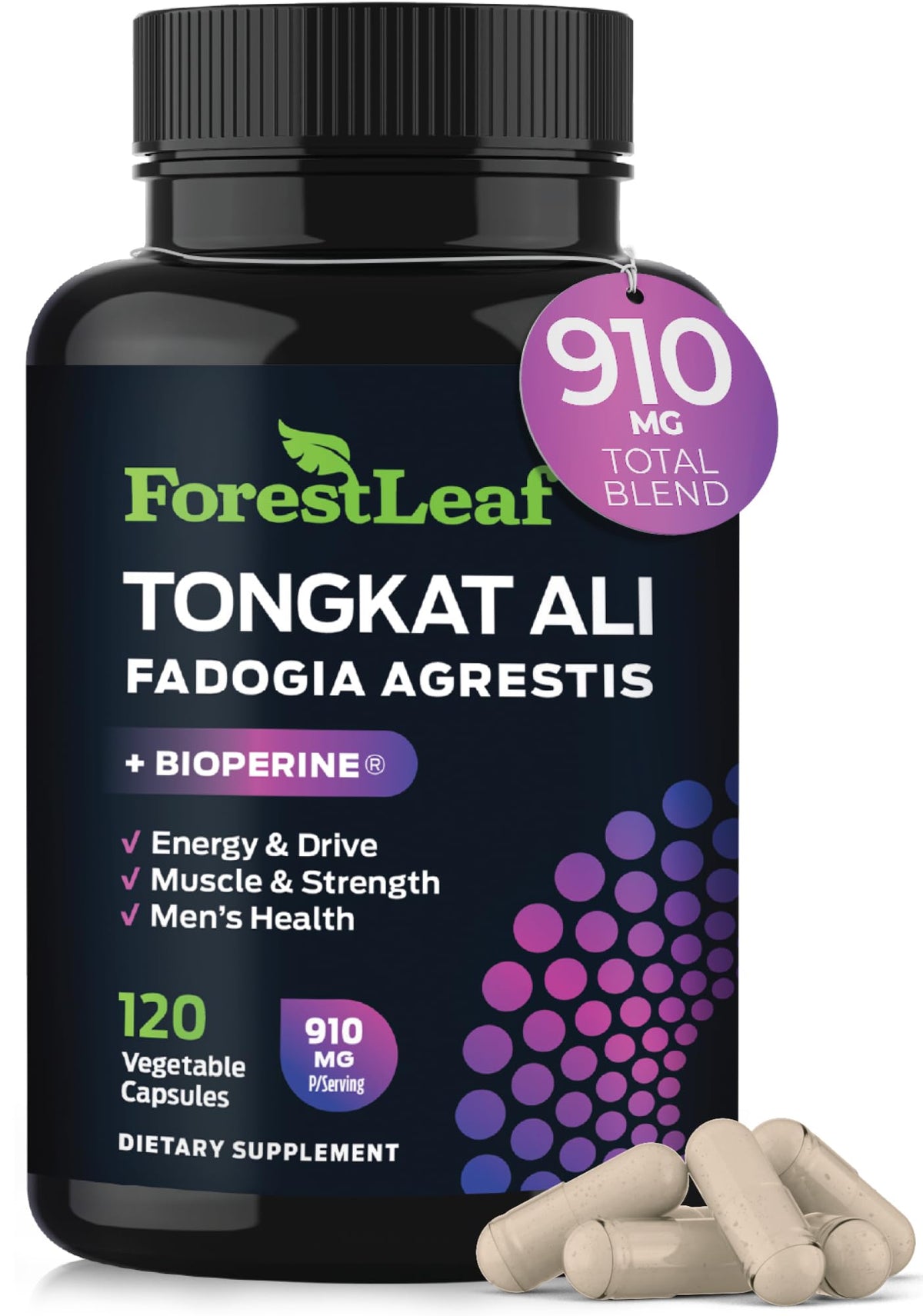 ForestLeaf tonkat-ali max bottle showcases potent 200:1 extract for energy and performance.