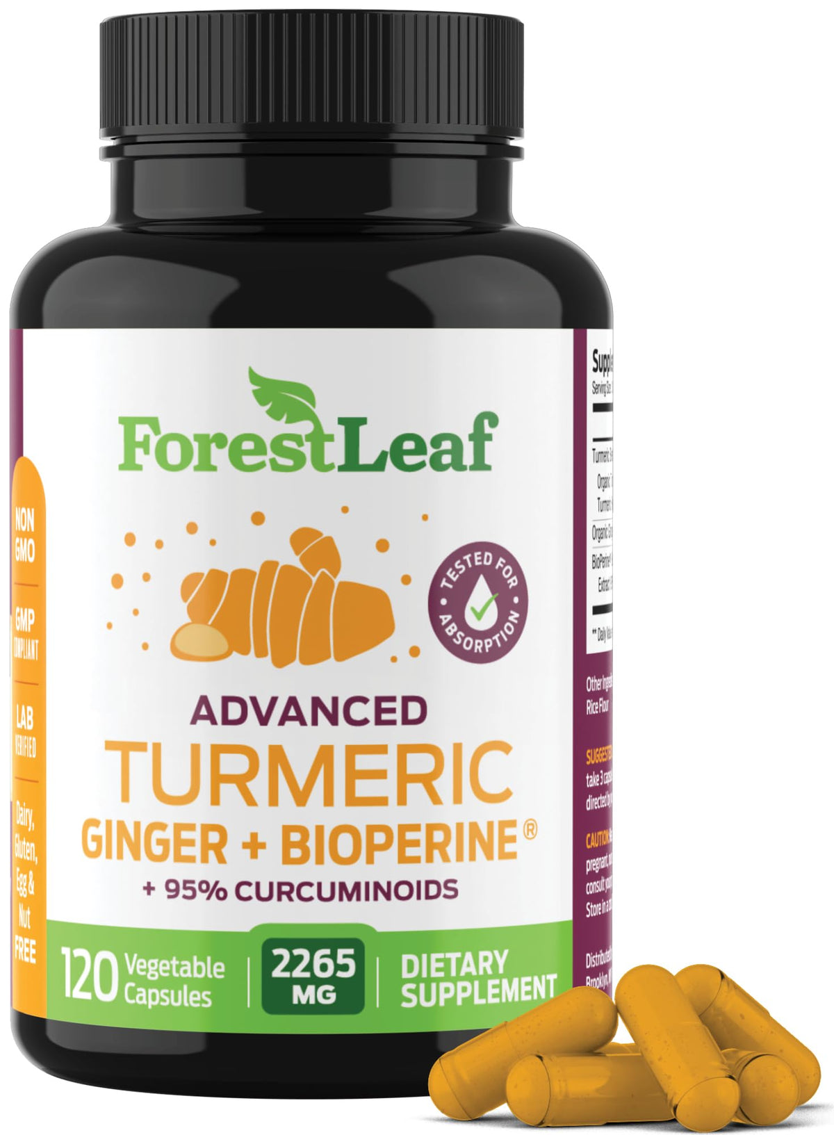 ForestLeaf Turmeric Supplement Extra Strength bottle on a white counter, supports daily joint comfort.