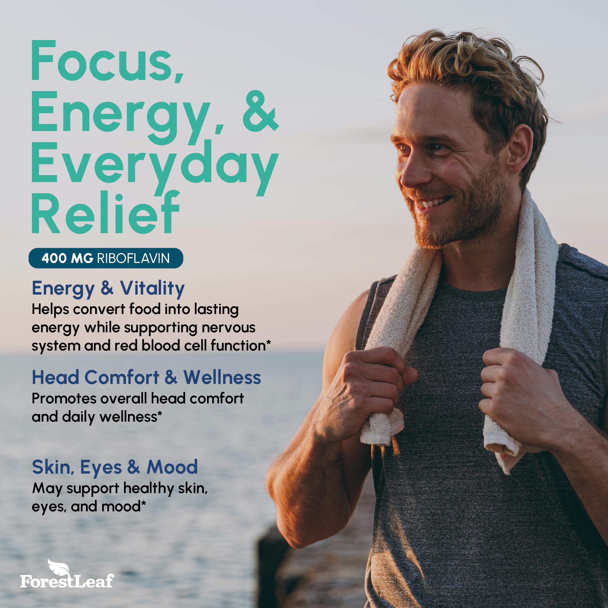 ForestLeaf vitamin B2 400mg bottle supporting eye and nerve health.