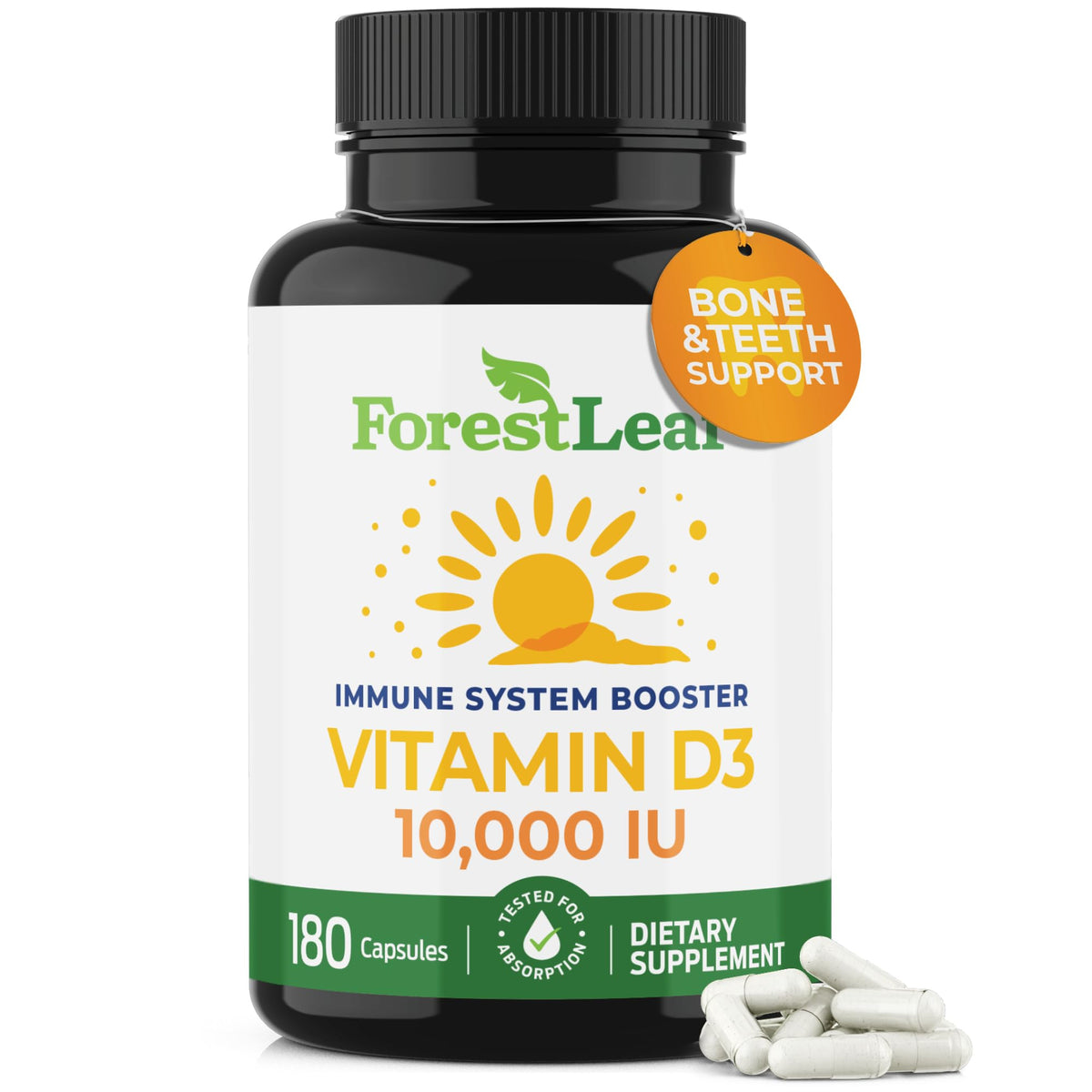 ForestLeaf Vitamin D3 10,000 IU bottle for daily immune and bone support.