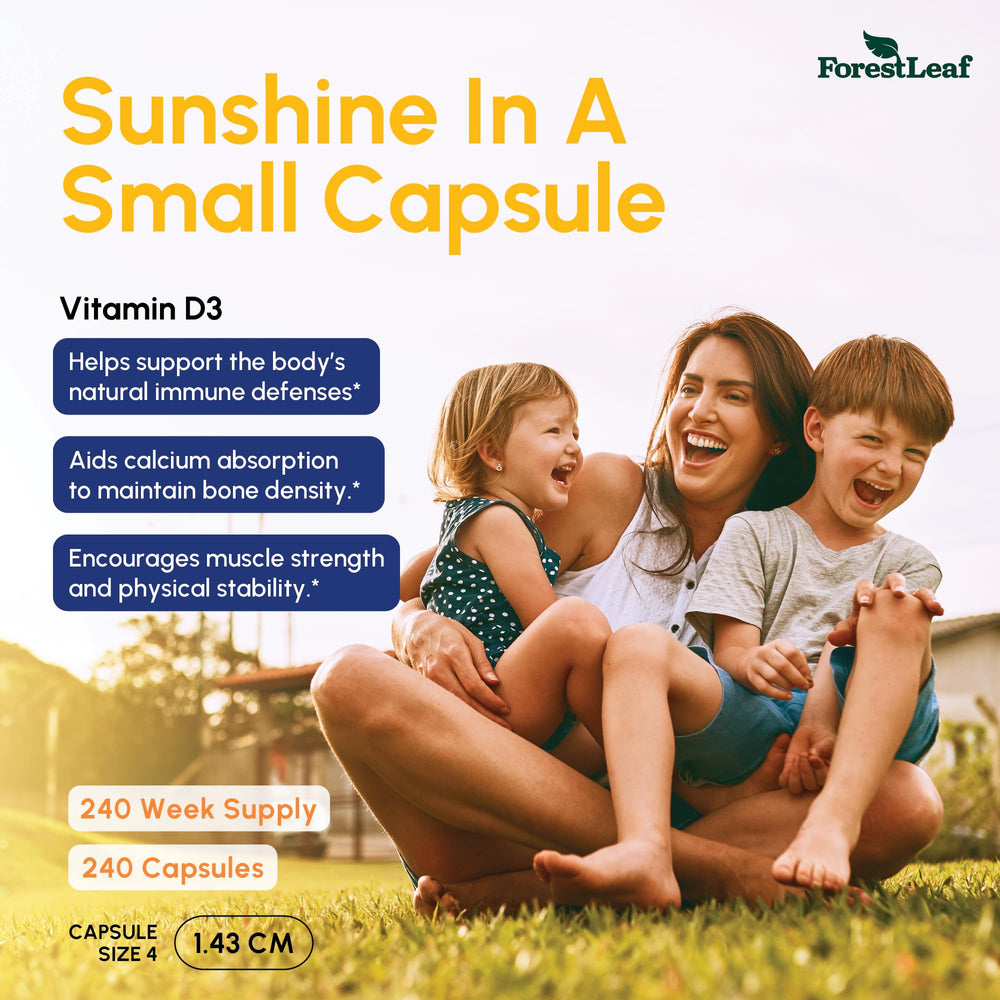 ForestLeaf Vitamin D3 capsules, easy-to-swallow weekly supplement.