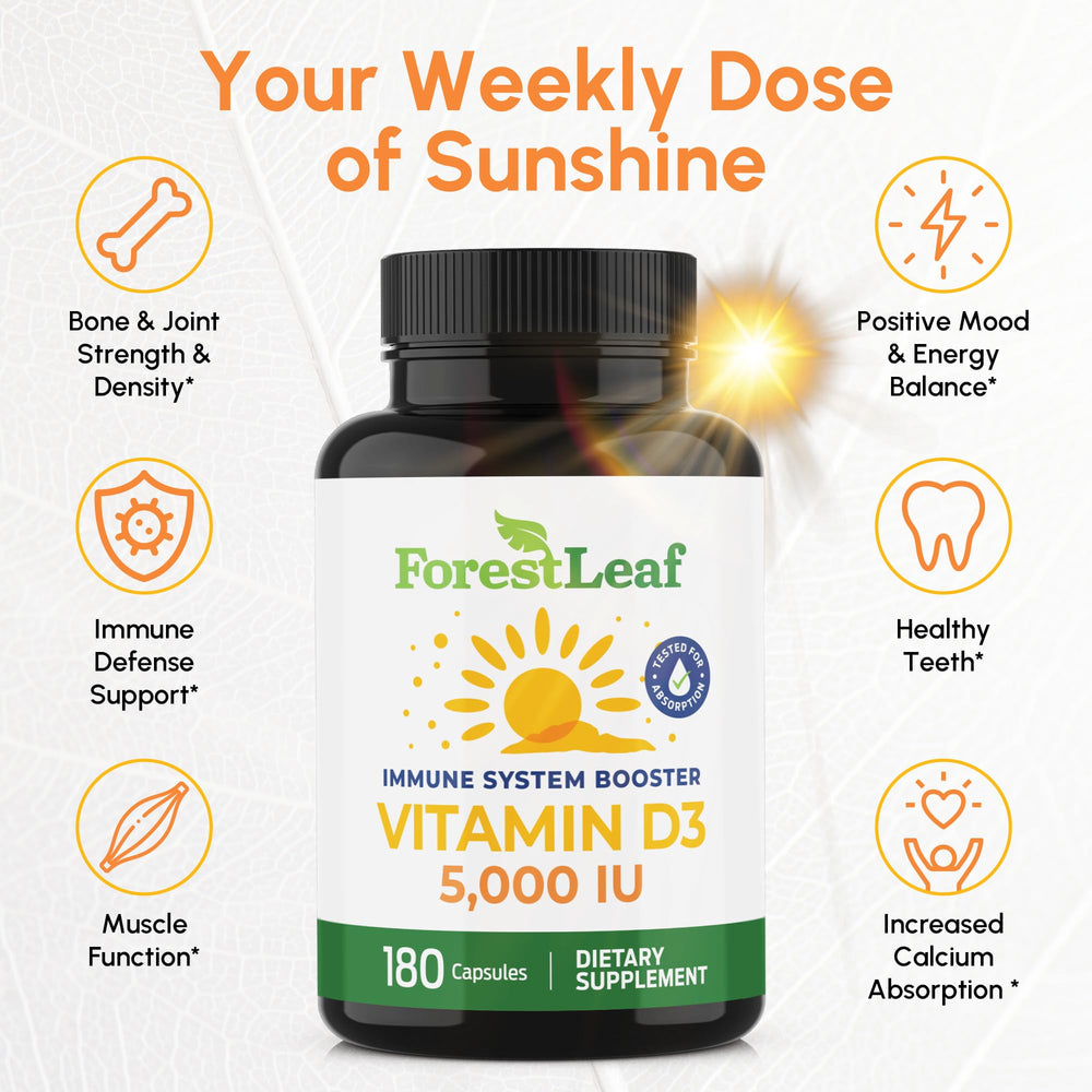 ForestLeaf Vitamin D3 5000 IU capsule ready for daily intake