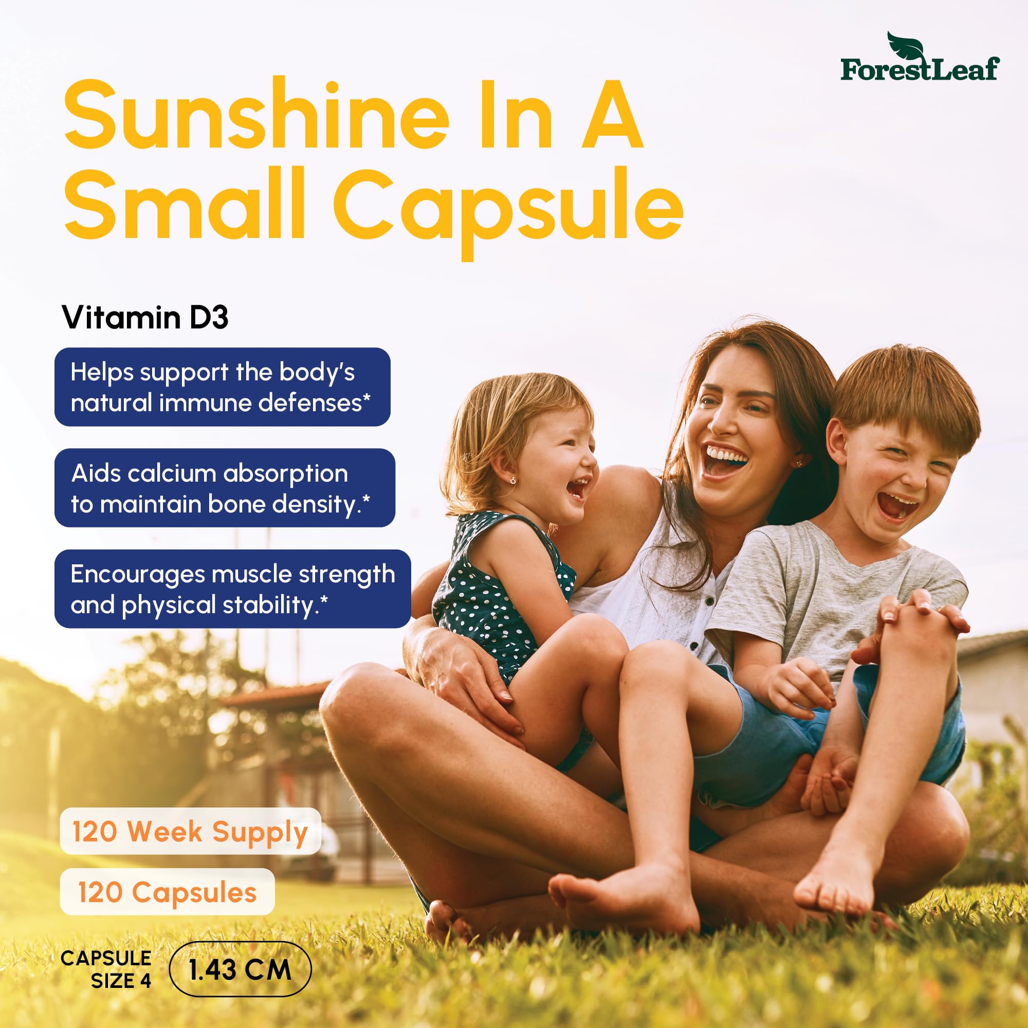 ForestLeaf Vitamin D3 50k capsules-closeup highlights easy-to-swallow vegetarian capsules for daily wellness.