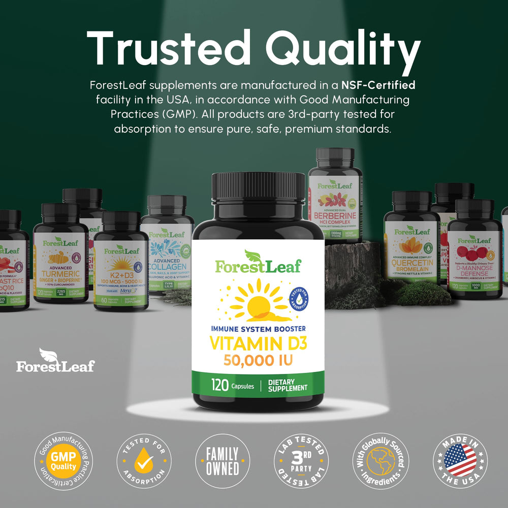 ForestLeaf Vitamin D3 50k vegetarian-capsules demonstrate clean label formula.