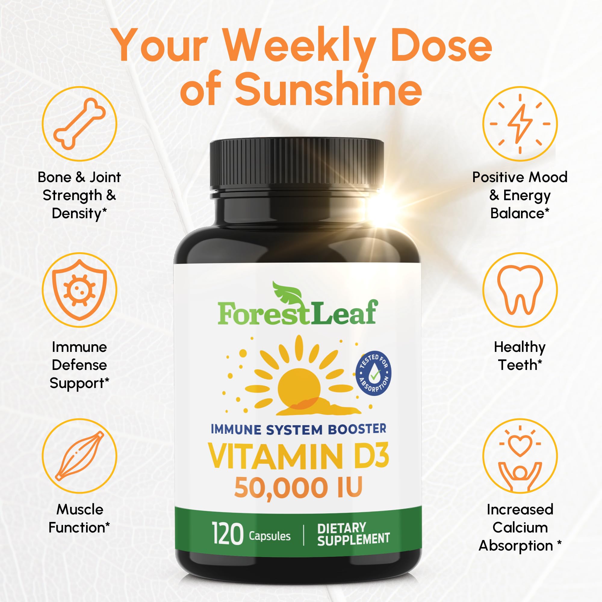 ForestLeaf Vitamin D3 50k weekly-dose-packaging emphasizes convenient once-weekly scheduling.