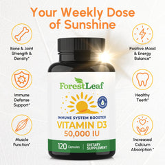 ForestLeaf Vitamin D3 50k weekly-dose-packaging emphasizes convenient once-weekly scheduling.