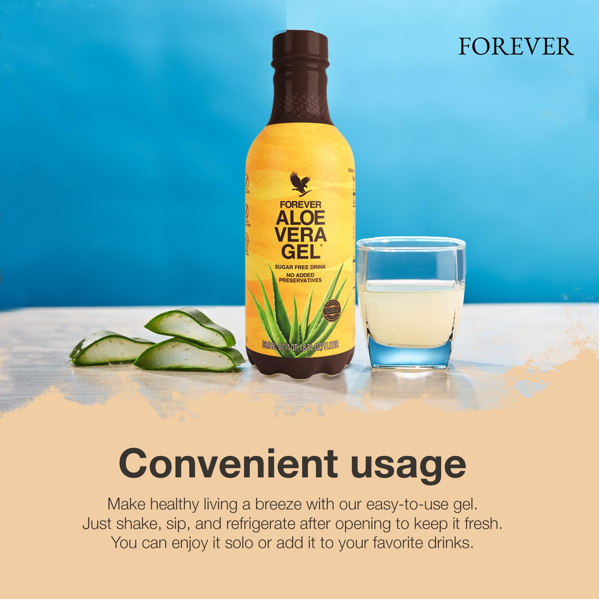 Forever Living Aloe Vera Gel bottle on kitchen counter suggests versatile daily prep.