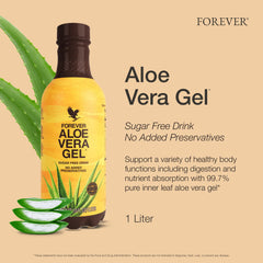 Forever Living Aloe Vera Gel label closeup highlights purity and inner leaf content.
