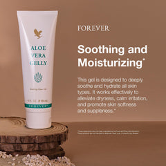 Forever Living Aloe Vera Gelly gel texture close-up shows lightweight, non-sticky finish.