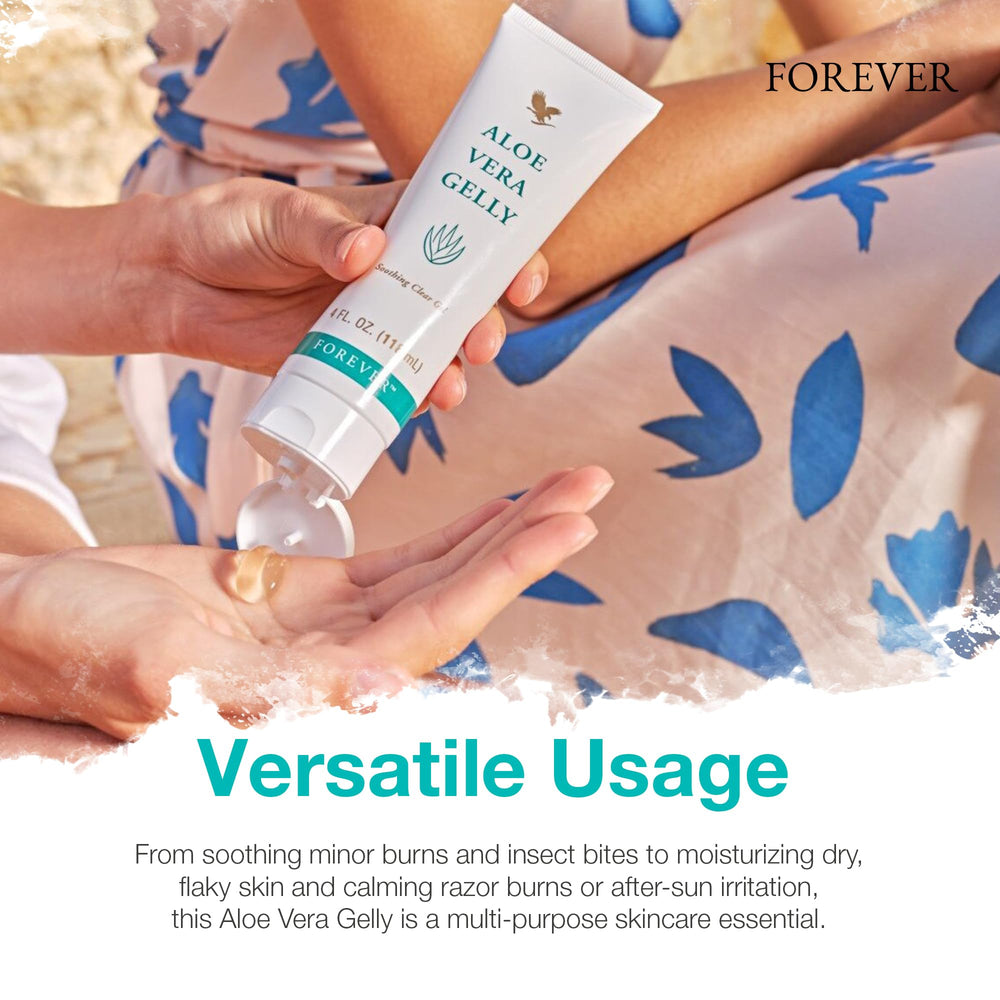 Forever Living Aloe Vera Gelly vegan gluten-free icons indicate safe, gentle daily care.