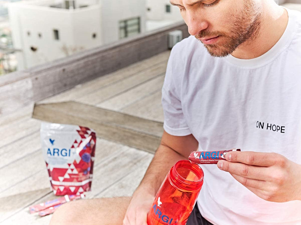 Forever Living ARGI+ bottle and box shown for convenient storage
