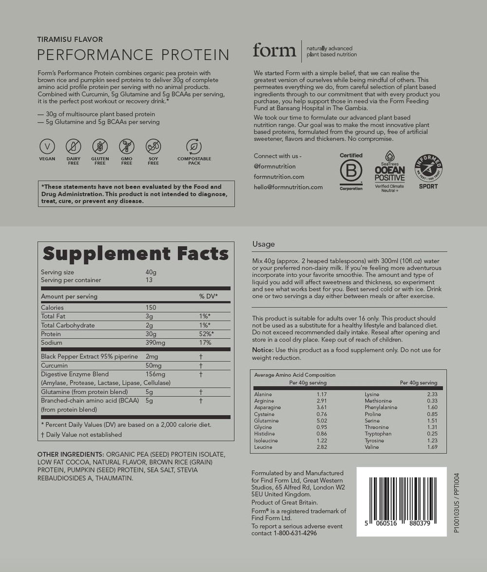 Form Performance Protein eco packaging highlights plastic-free, athlete-friendly design.