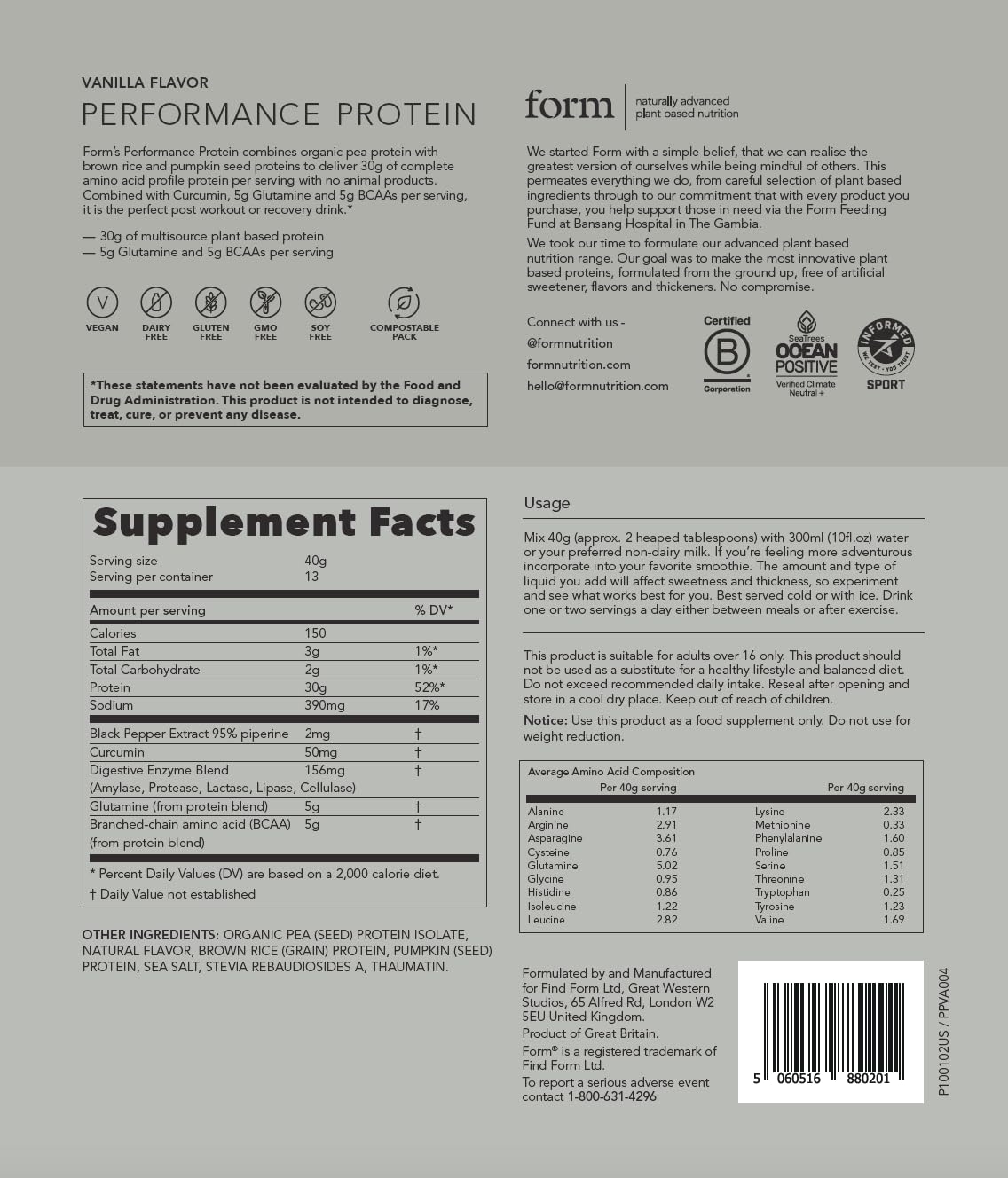 Form Performance Protein label displaying ingredients and certification