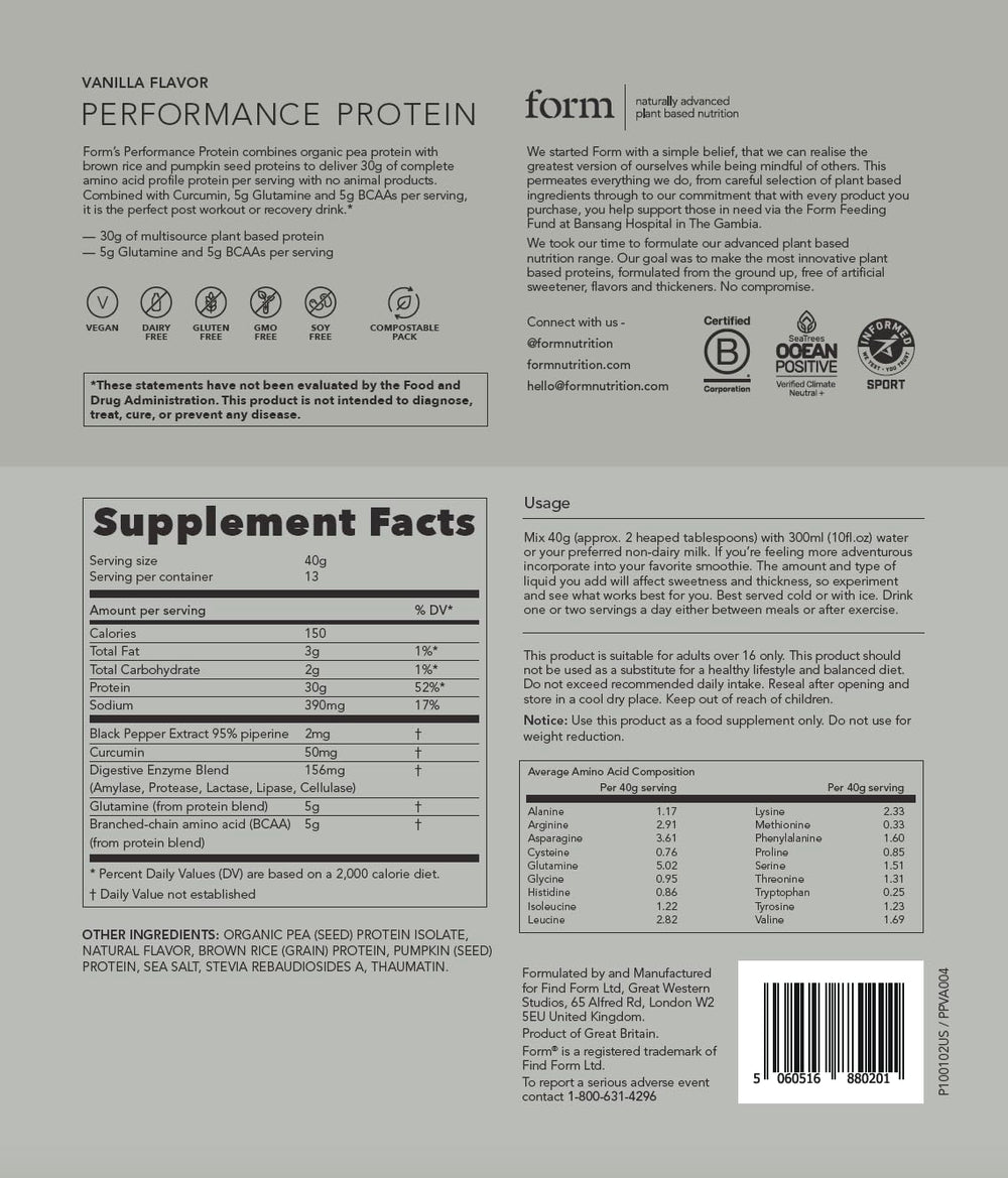 Form Performance Protein label displaying ingredients and certification