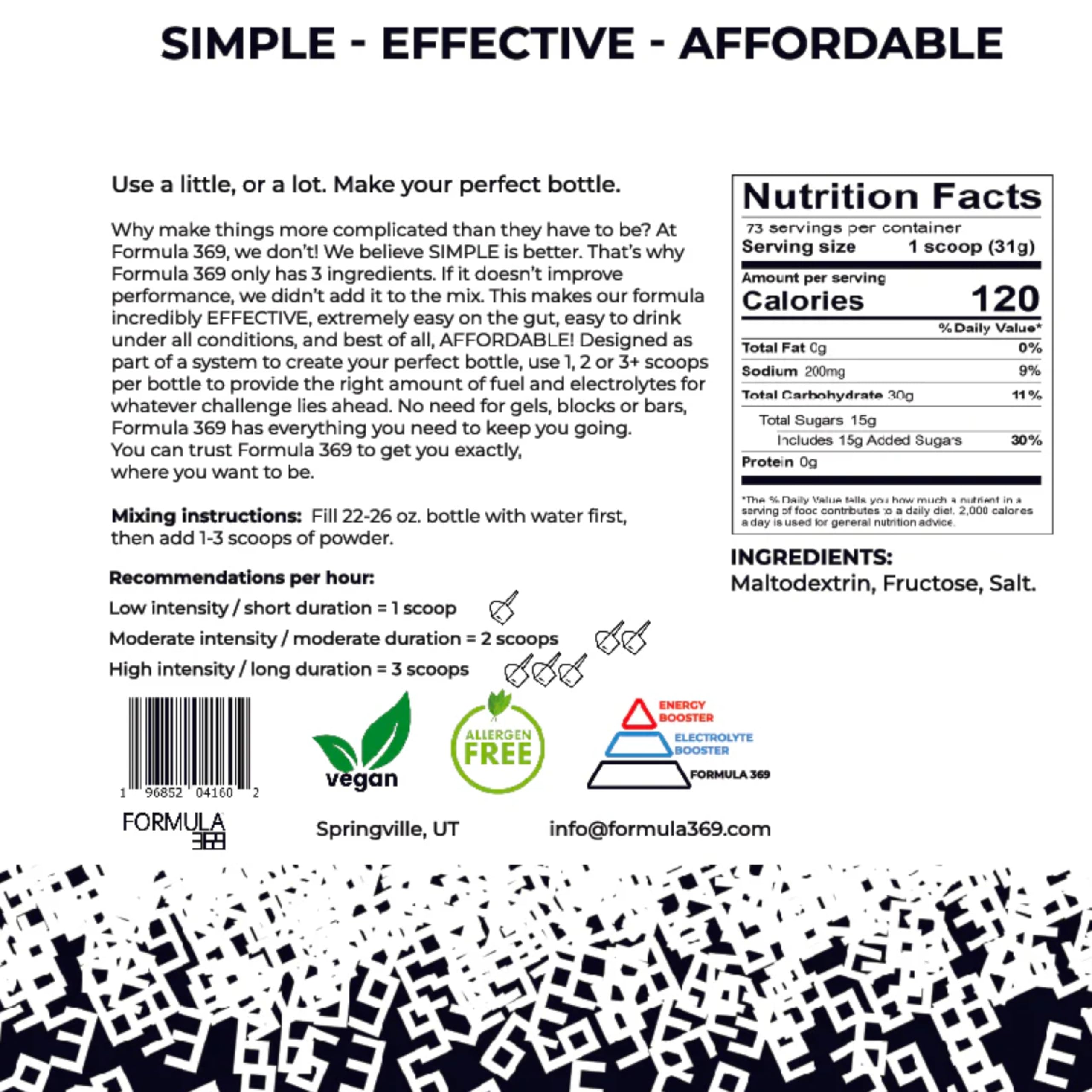 Formula 369 powder scoop showing easy portioning for flexible carb loading.