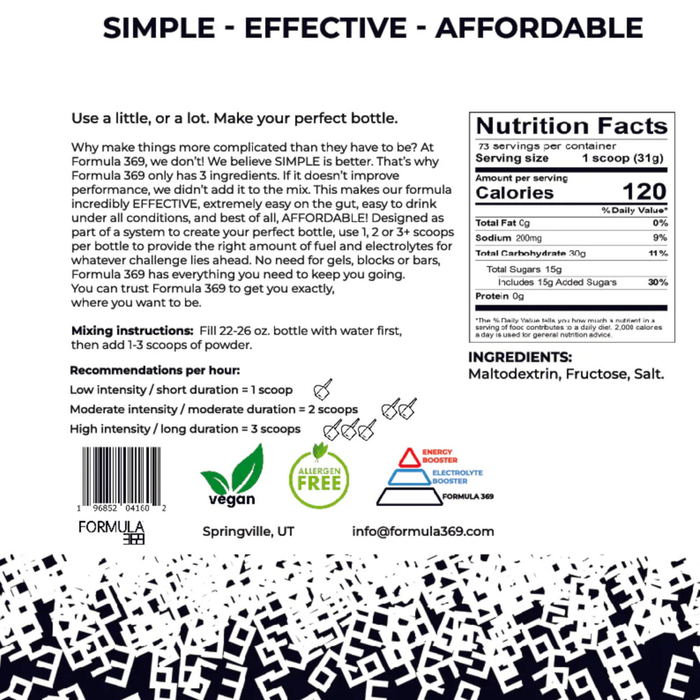 Formula 369 powder scoop showing easy portioning for flexible carb loading.
