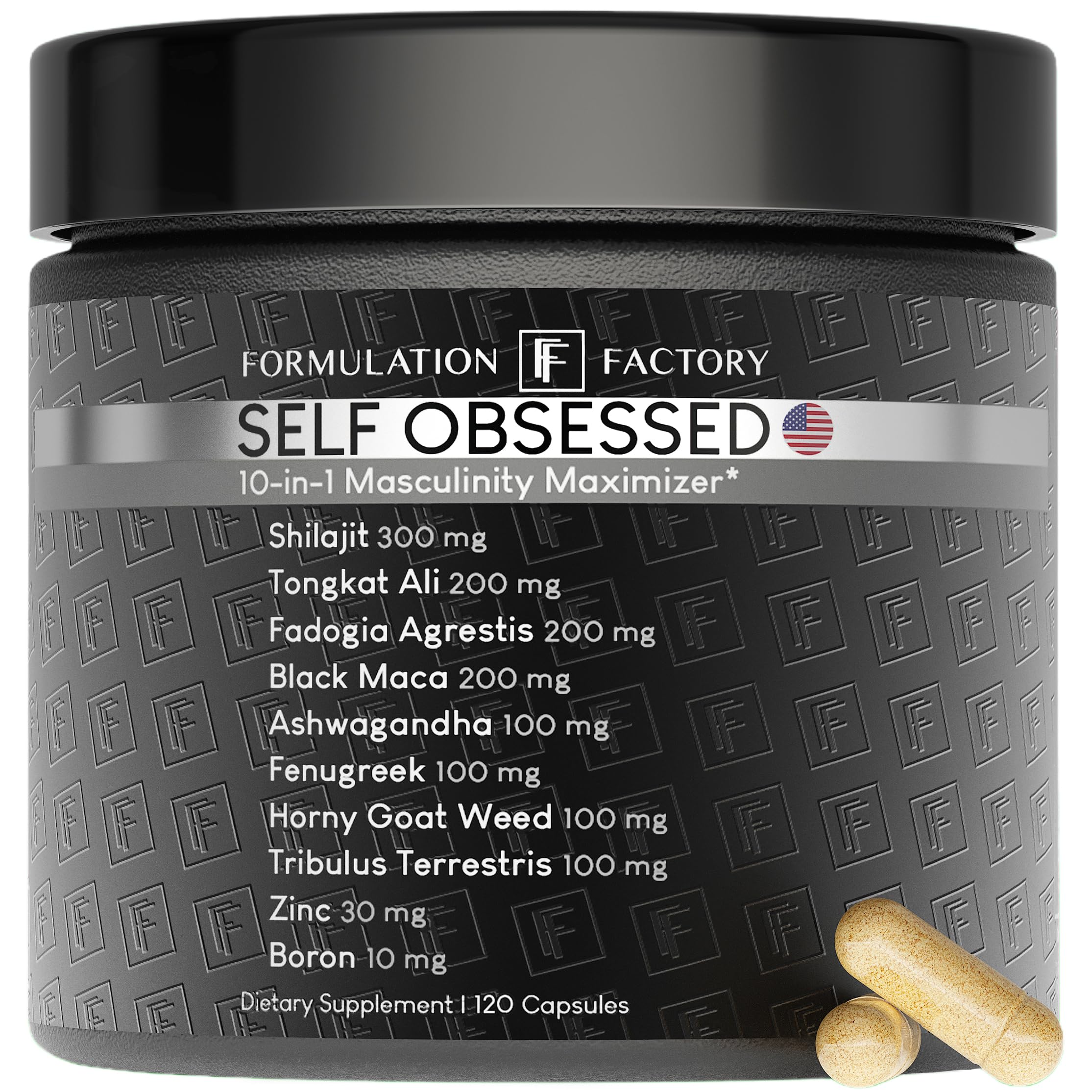 Formulation Factory Self Obsessed bottle front emphasizes daily energy support in a premium men's supplement.