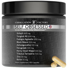 Formulation Factory Self Obsessed bottle front emphasizes daily energy support in a premium men's supplement.