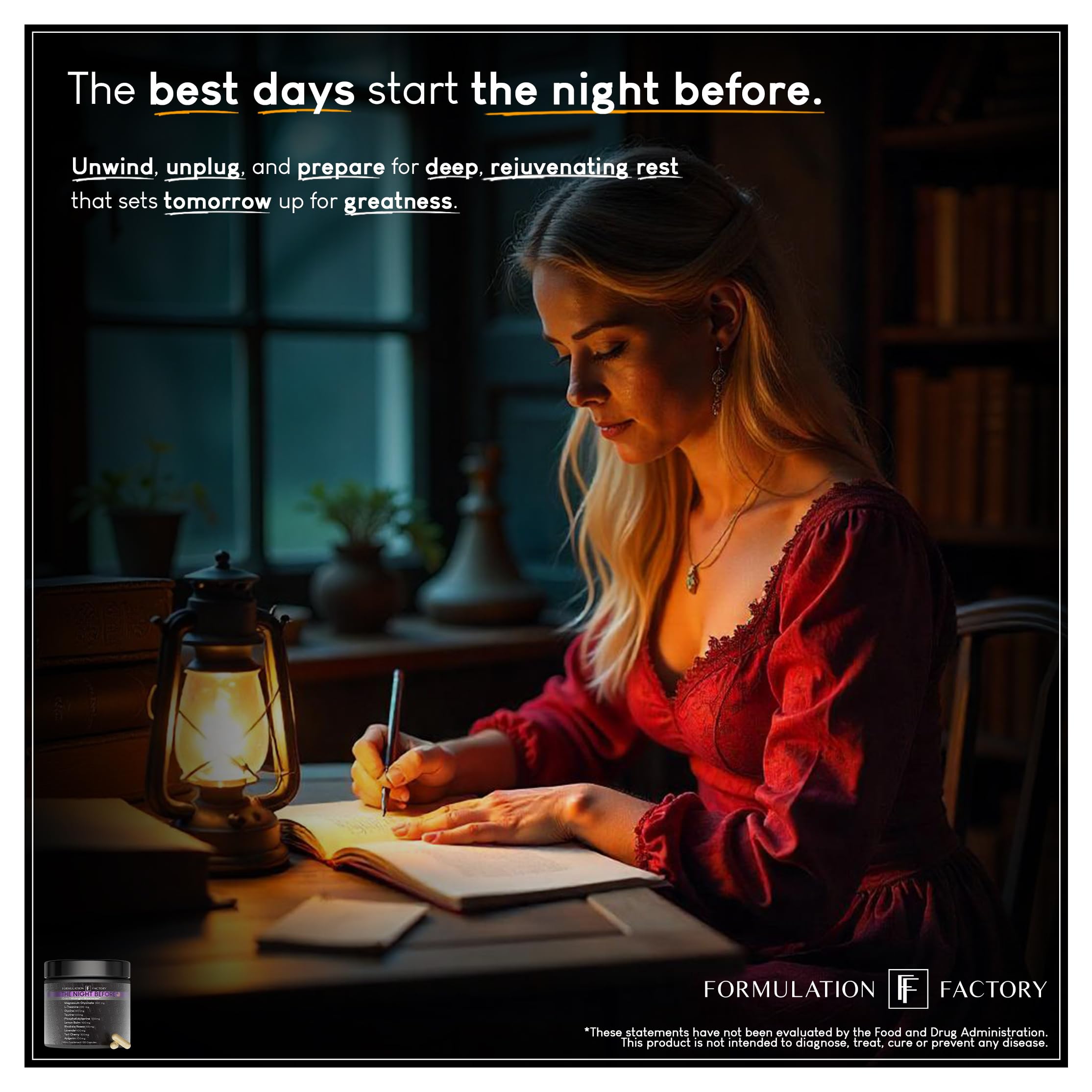 The Night Before capsules beside a glass of water for bedtime use.