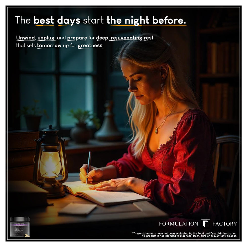 The Night Before capsules beside a glass of water for bedtime use.