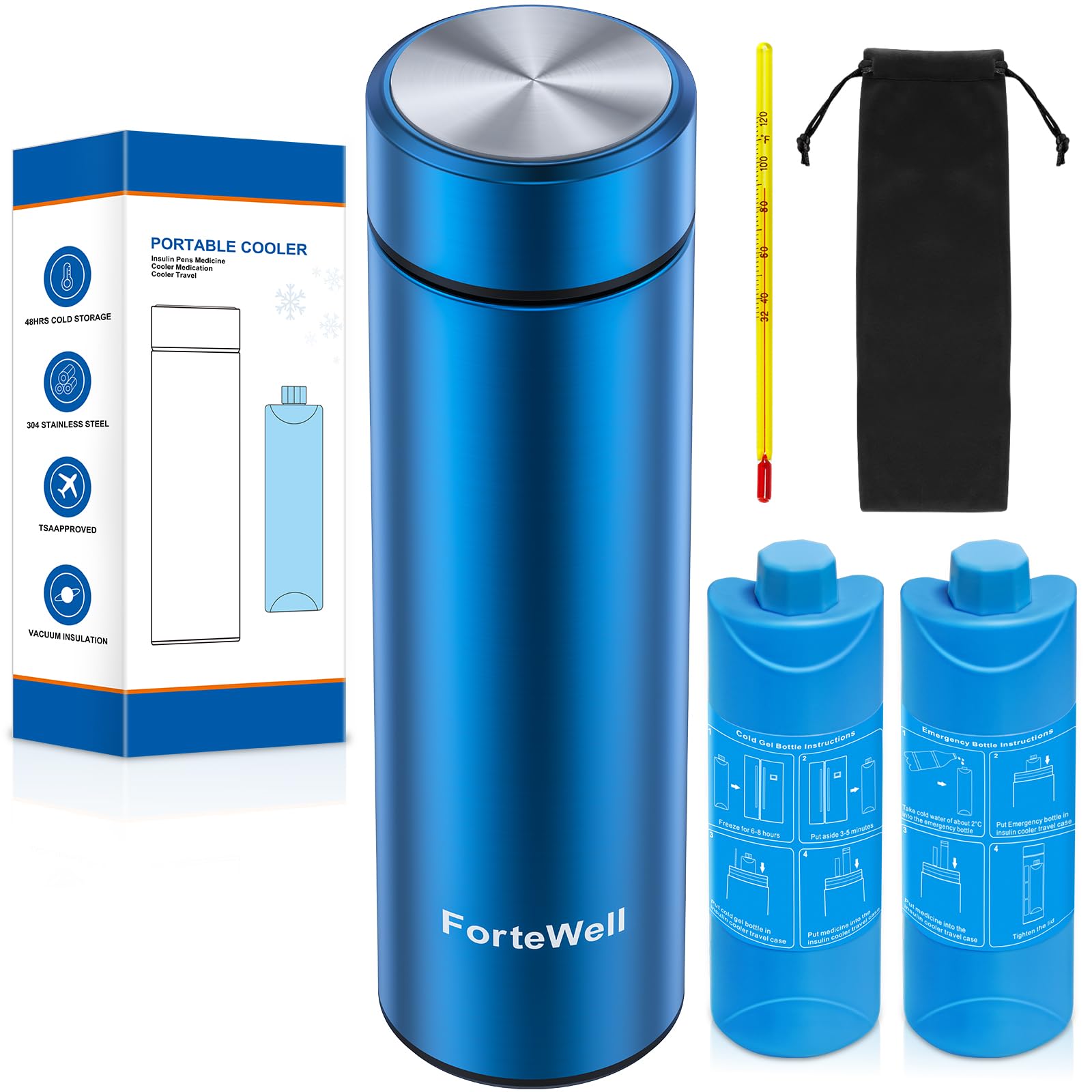 Fortewell insulin cooler case in blue, compact design for on-the-go insulin protection.