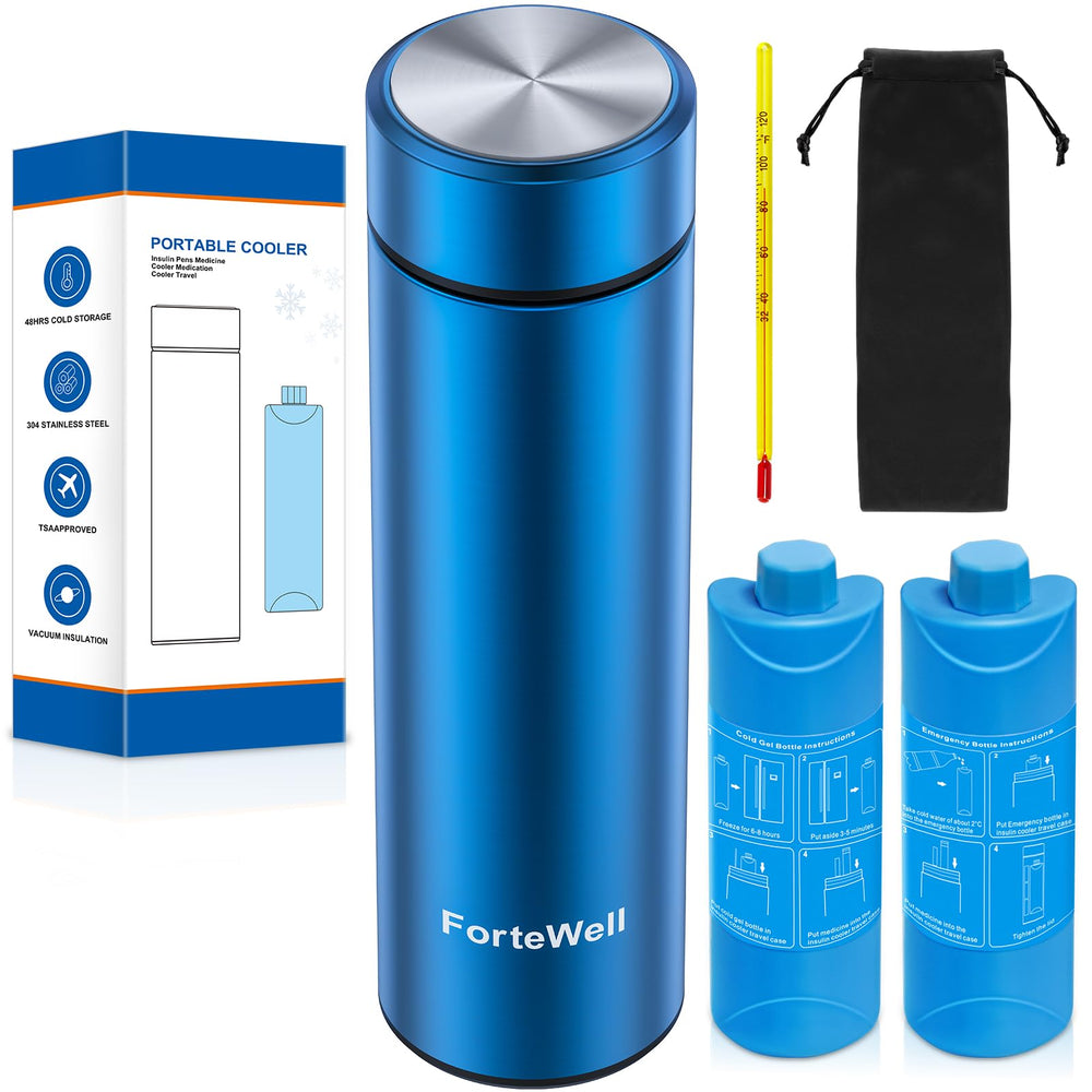 Fortewell insulin cooler case in blue, compact design for on-the-go insulin protection.