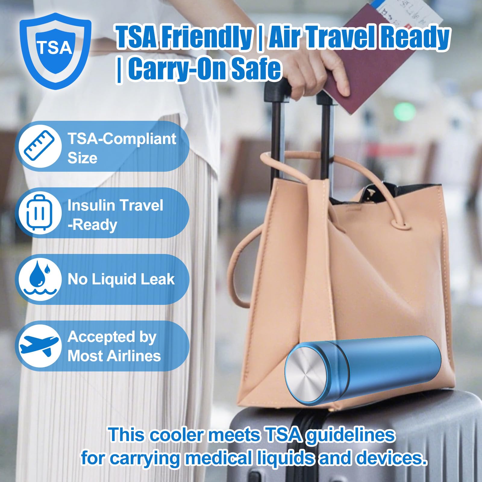TSA-approved Fortewell insulin cooler ready for airport security screenings.