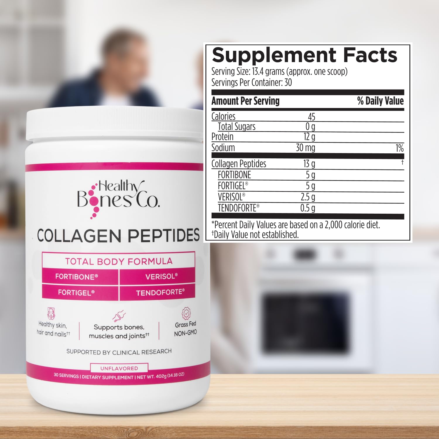 Fortibone provides 11.5 g protein per serving.