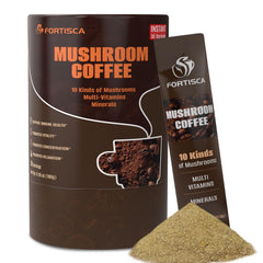 FORTISCA 10-in-1 mushroom coffee pack showing 10-mushroom blend for energy.