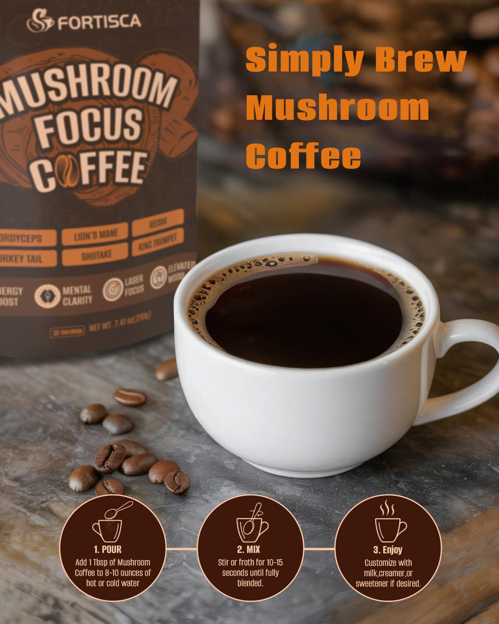 FORTISCA Mushroom Coffee served over ice for a refreshing cold brew option