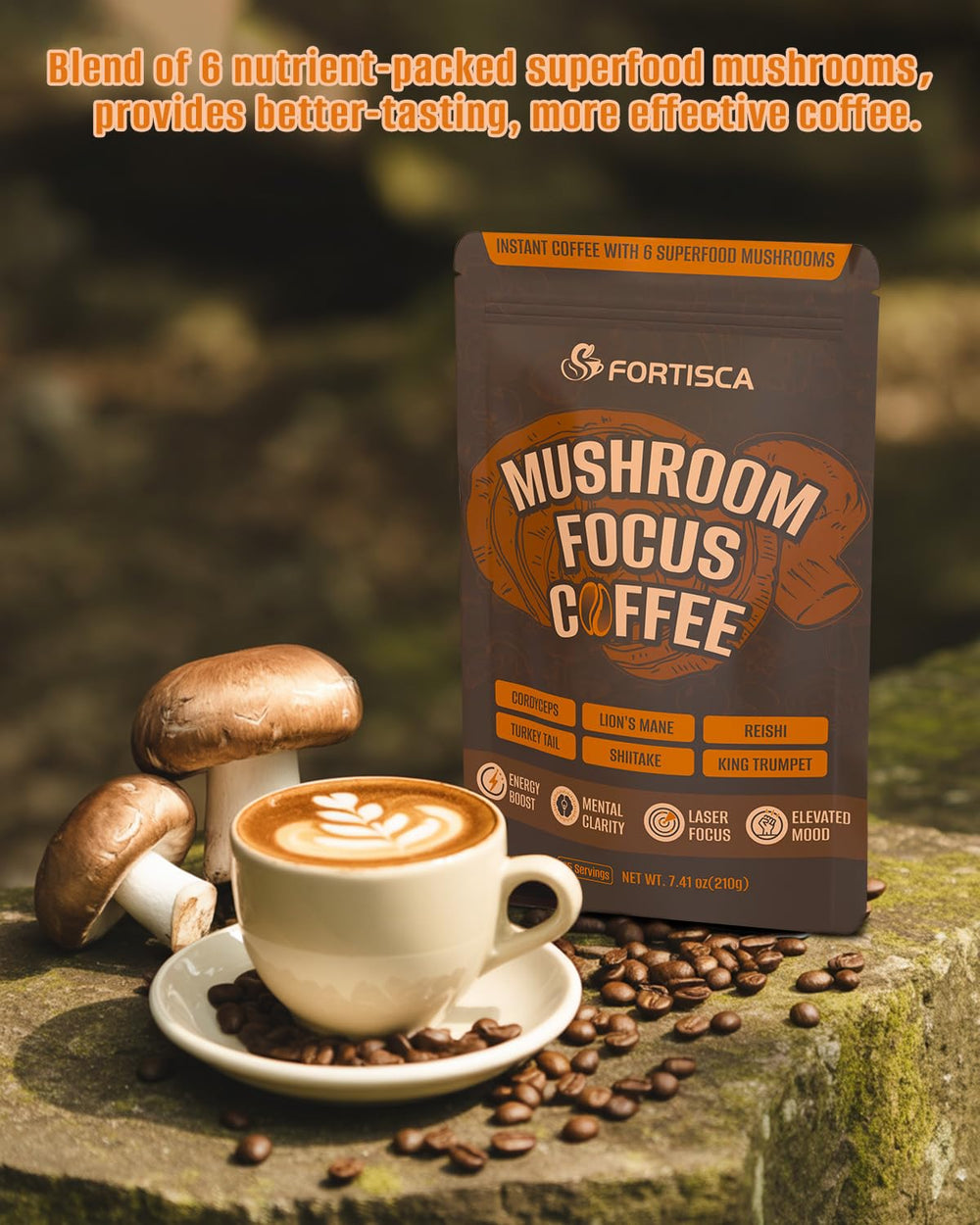 Active user enjoying a cup of Fortisca Mushroom Coffee in a lifestyle shot