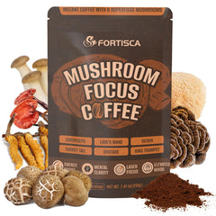 FORTISCA Mushroom Coffee package showing the six-mushroom blend for steady energy.