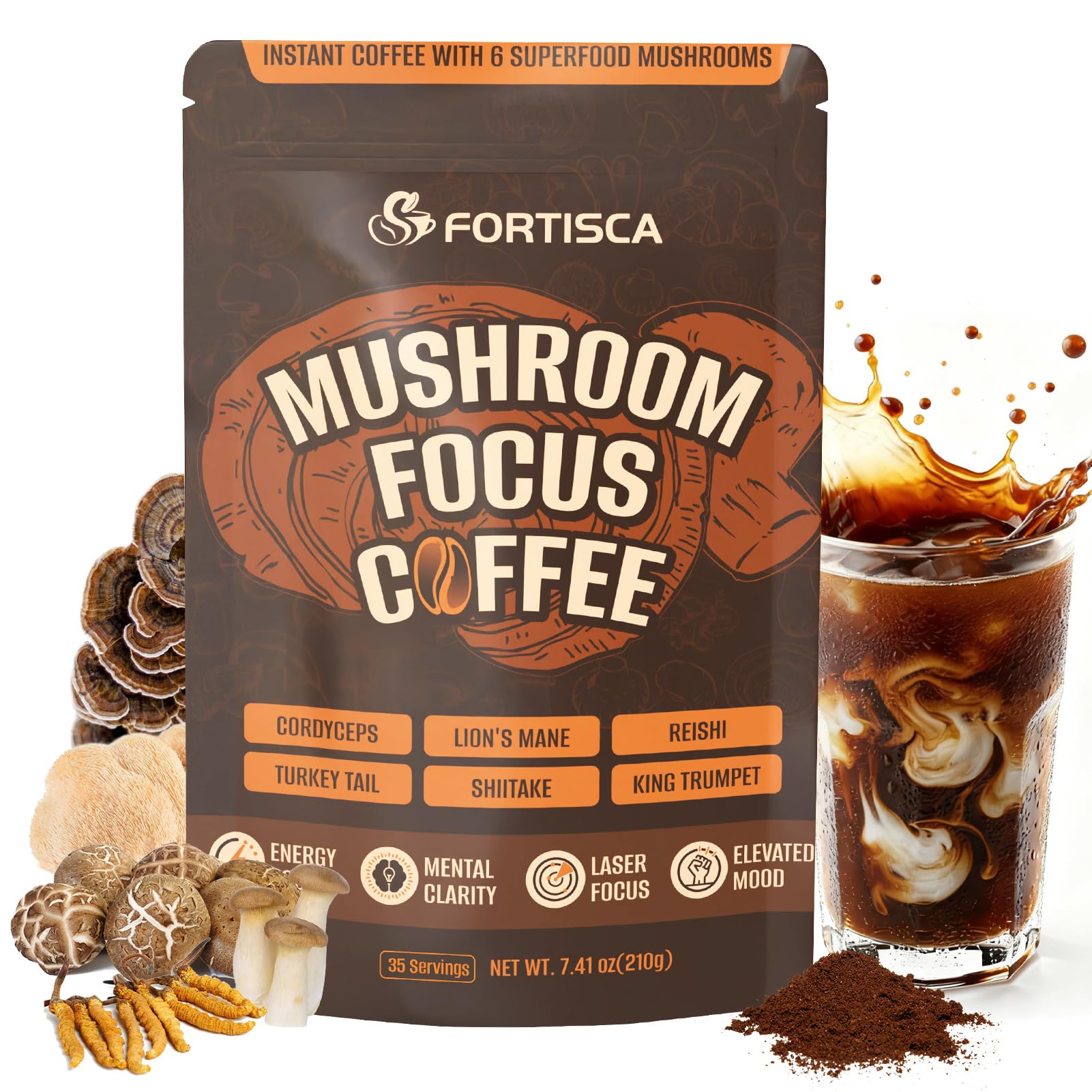 FORTISCA Mushroom Coffee packaging showing the 6-in-1 blend for daily vitality