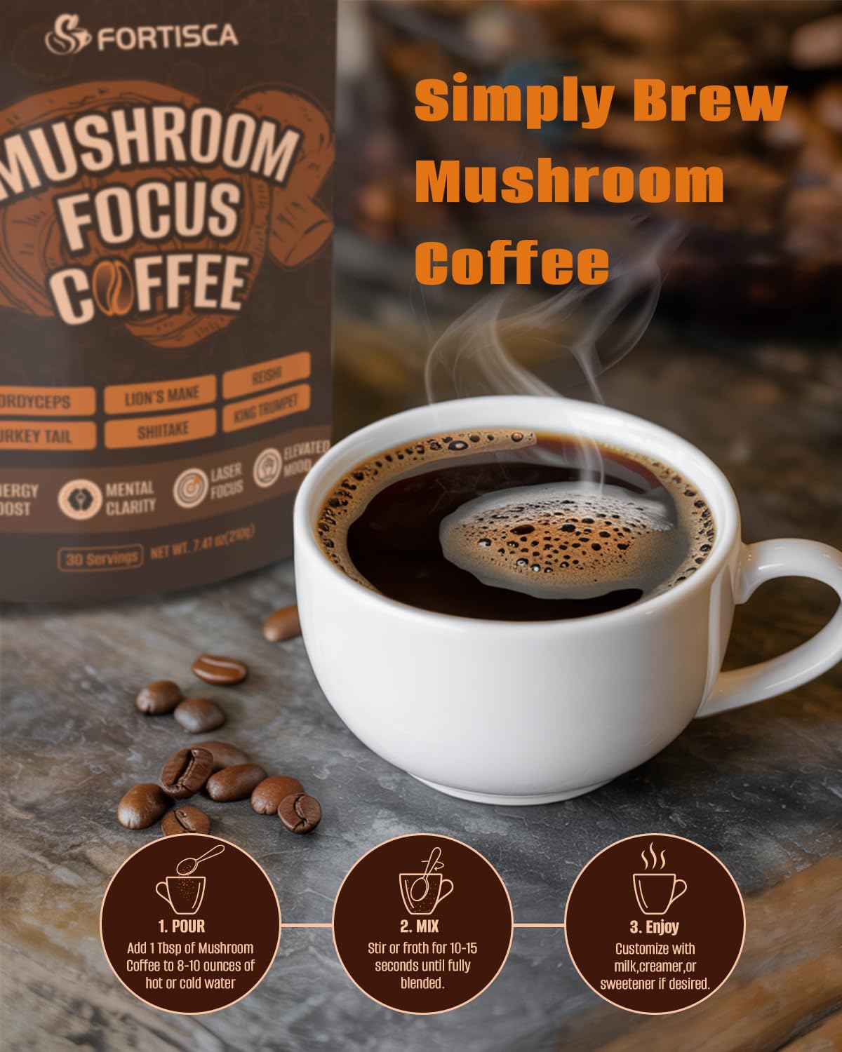 FORTISCA 6-mushroom blend image emphasizing focus-friendly formulation.