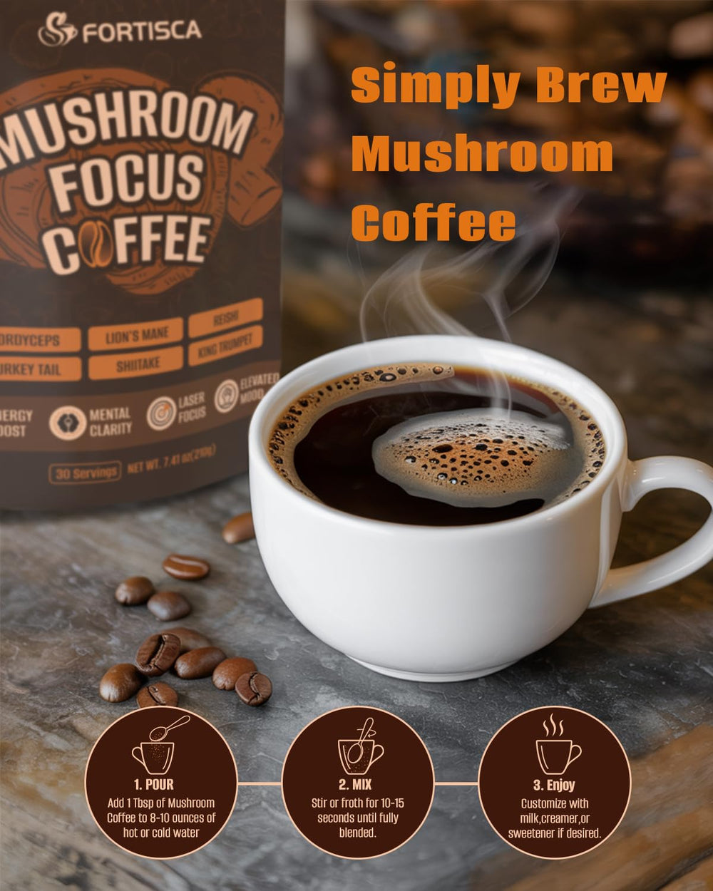 FORTISCA 6-mushroom blend image emphasizing focus-friendly formulation.
