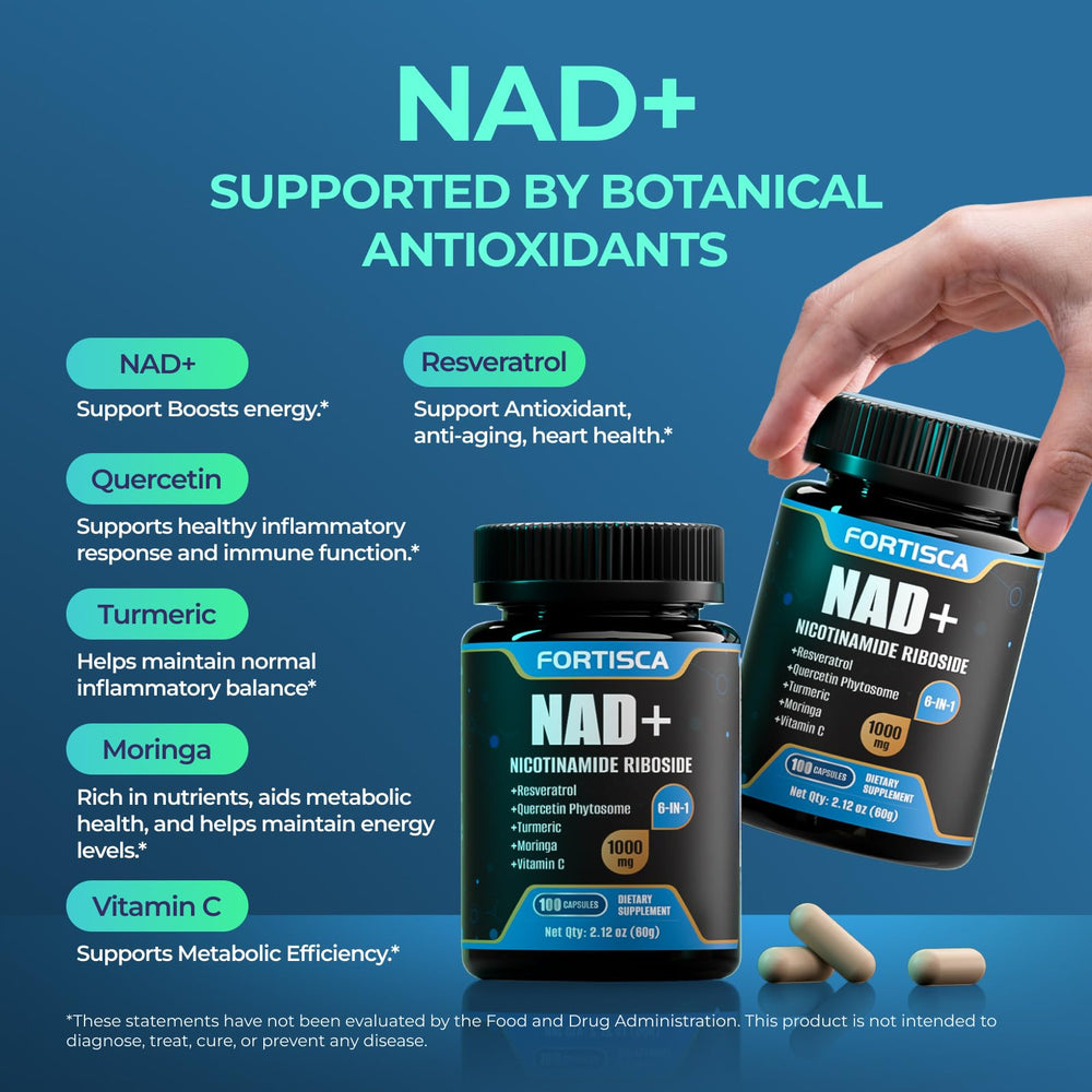 FORTISCA NAD+ antioxidant matrix with quercetin and resveratrol supports cellular defense.