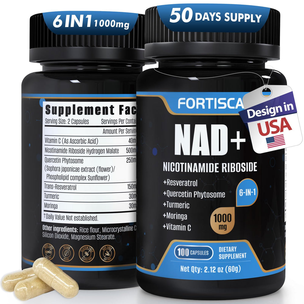 FORTISCA NAD+ bottle label highlighting premium formulation for daily vitality.