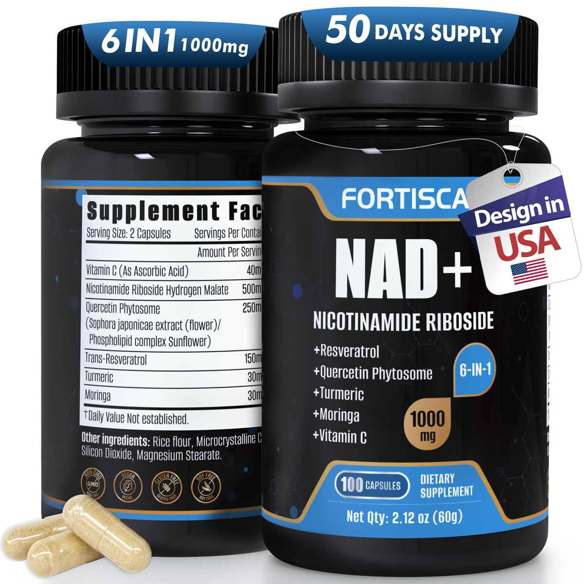 FORTISCA NAD+ bottle label highlighting premium formulation for daily vitality.