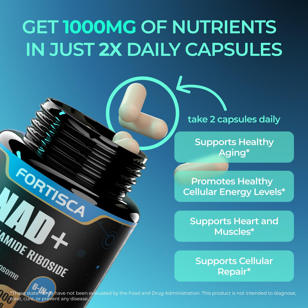 FORTISCA NAD+ glass bottle on table for daily supplement routine.