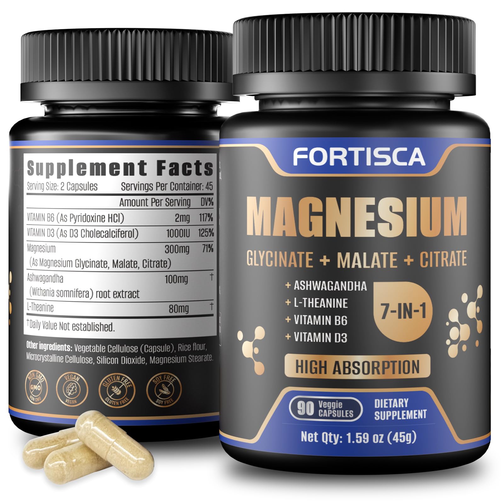 FORTISCA Triple Magnesium bottle open shows capsules for daily support.