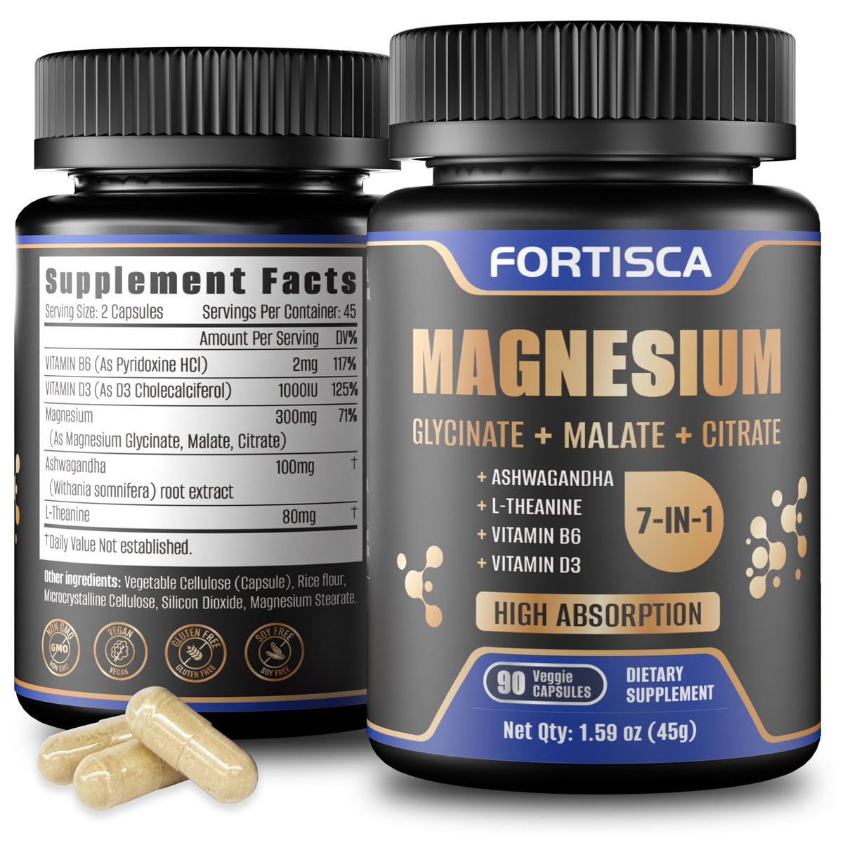 FORTISCA Triple Magnesium bottle open shows capsules for daily support.