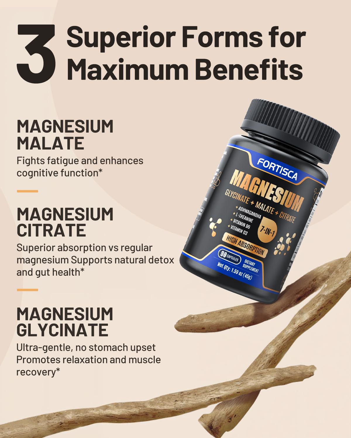 FORTISCA capsules close-up showing gentle, high-absorption magnesium daily use.