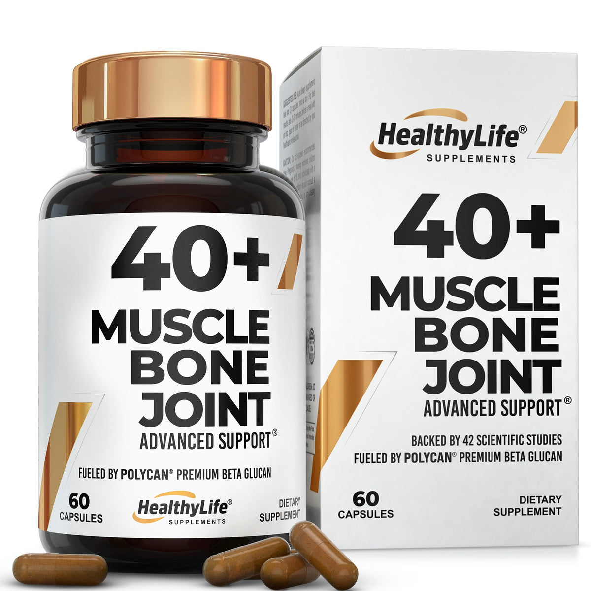 FortyPlus Muscle-Bone Advanced Support bottle close-up; promotes joint health and mobility.